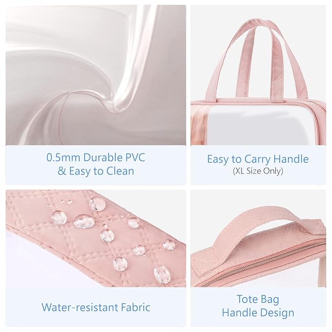 PACKISM Clear Makeup Bag Combo Pack, 1 TSA Approved Medium & Large/XL for Checked Luggage, Clear Toiletry Bag with Handle, Water-resistant Travel Essentials Organizer, Rose Pink