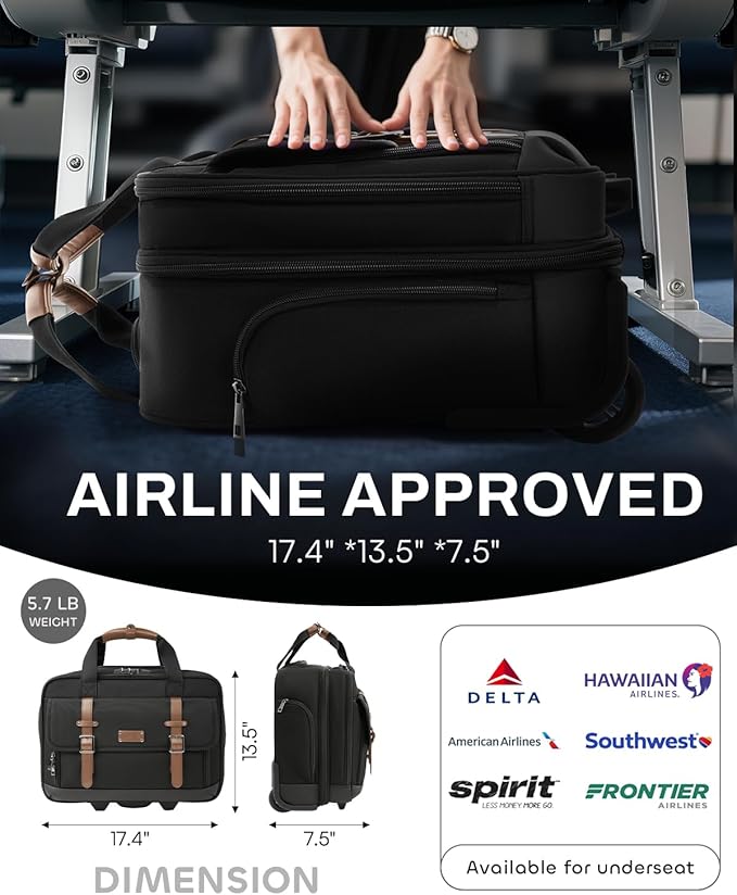Rolling Laptop Bag, Briefcase for Men and Women, 16 Inch Computer Bag with Wheels Underseat Carry on Luggage, Laptop Briefcase Case for Work, Travel, College Teacher, Mobile Office Bag, Brown