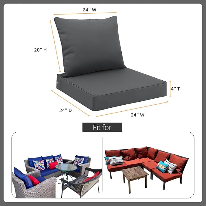 Favoyard Outdoor Seat Cushion Set 24 x 24 Inch Waterproof & Fade Resistant Patio Furniture Cushions with Removable Cover Deep Seat & Back Cushion with Tie Straps for Chair Sofa Couch
