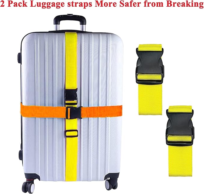 2 Pack Suitcase Belts, Adjustable Luggage Straps, Bright Colors Travel Packing Straps with Quick Release Buckle (Yellow)