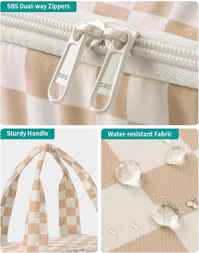 Narwey Checkered Travel Toiletry Bag for Women Large Makeup Bag, Wide-open Cosmetic Make Up Organizer with Handle, Travel Bag for Toiletries, Essentials, Accessories (Light Brown Checkerboard)