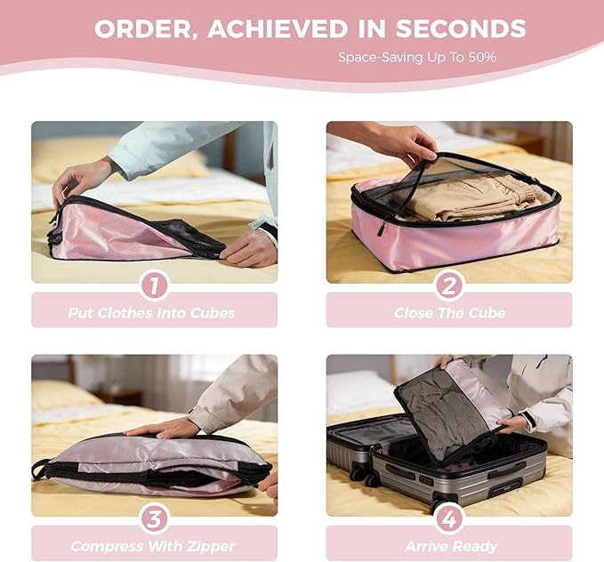 8-Piece Compression Packing Cubes for Travel, Stylish Luggage Organizer Set for Women, Space Saving Travel Essentials, Perfect for Vacation Cruise, Weekend Getaways & Carry-On Packing - Light Pink