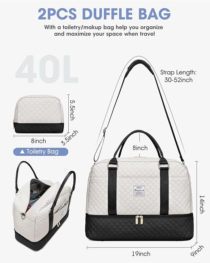 Travel Duffle Weekender Bags for Women: Overnight Bag with Shoe Compartment Carry On Bags with Toiletry & Wet Pocket Large Tote Hospital for Women Labor Delivery Black White