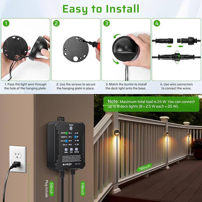 8 Pack Low Voltage LED Deck Lights Kit with Plug-in Transformer, Dusk-to-Dawn Photocell Sensor and Timer, IP67 Waterproof 3000K Outdoor Step Stair Lights for Deck, Patio, Fence and Landscape Lighting
