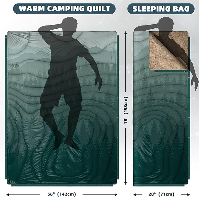 Outdoor Camping Blanket with Sherpa Lining, Extra Warm Thick Camp Blankets and Puffy Ultralight Soft Poncho DWR Camping Quilt for Cold Weather, Adventure, Sleeping, Backpacking 78"x 56"