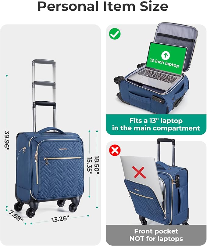BAGSMART Underseat Carry On luggage Airline Approved, 16-inch Small Softside Underseater Travel Suitcase with Spinner Wheels Overnight Bag Small Rolling Carry-on for Women Men Weekender, Navy Blue