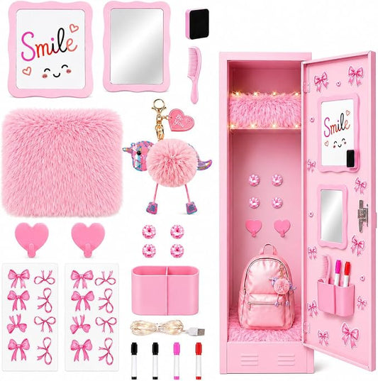 20 PCS Pink Locker Accessories Kit Back to School for Girls | Locker Decorations with Magnetic Mirror Dry Erase Whiteboard Pen Holder Rug String Lights Markers Magnets Hooks and Stickers