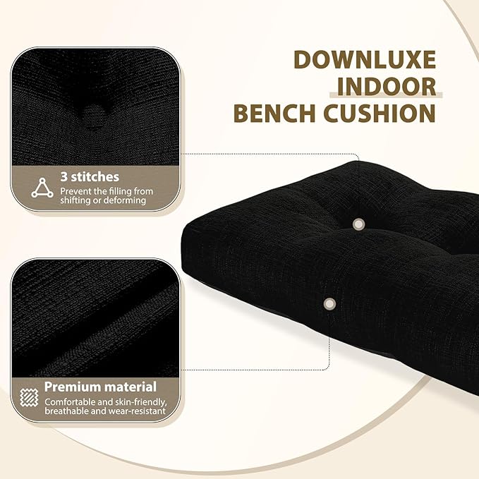 downluxe Indoor Bench Cushion for Indoor Furniture, Non-Slip Tufted Overstuffed Textured Foam Bench Seat Cushion, 42" X 16" X 4", Black, 1 Pack