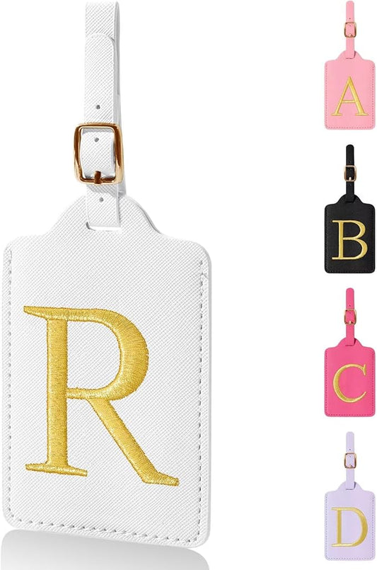Personalized Initial Luggage Tags for Suitcases,Leather Letter Cute Luggage Tags with Privacy Name Card,Embroidered Monogrammed Travel Bag Backpack Tag Gifts for Women Kids Girls Teens(White-R)