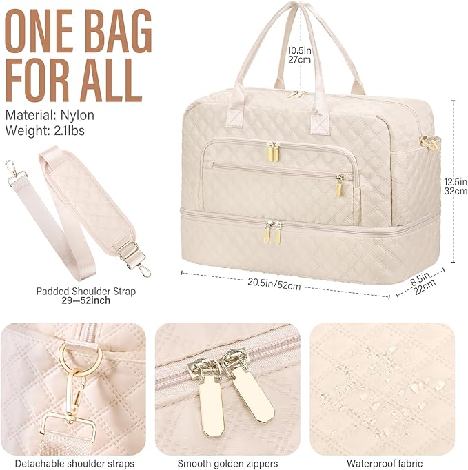 Large Travel Duffle Bag for Women,Carry on Overnight Bag Weekender Bags with Toiletry Bag Travel Bags for women with Shoe Compartment for Gym Business Trips Sport Hospital(Beige)