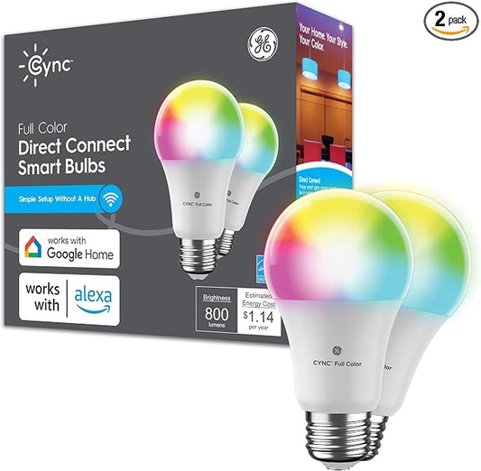 GE CYNC Smart Full Color A19 LED Light Bulb, 60W Replacement, Bluetooth/Wi-Fi Enabled, Alexa + Google Home Compatible Without Hub, 2-Pack (Packaging May Vary)