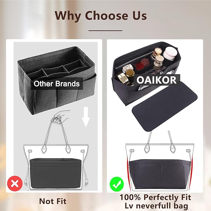 Purse Organizer Insert Compatible with Neverfull GM and More, Felt Bag Organizer with Base Shaper for Tote Handbags, Purse Insert with Zipper, 10 Cpmpartments, Black/XL