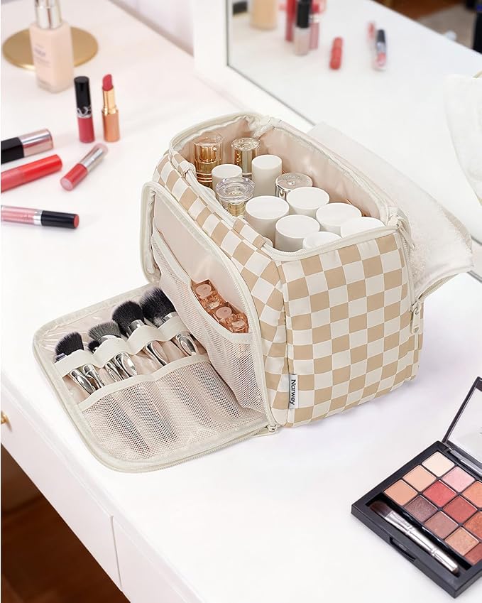 Narwey Checkered Travel Toiletry Bag for Women Large Makeup Bag, Wide-open Cosmetic Make Up Organizer with Handle, Travel Bag for Toiletries, Essentials, Accessories (Light Brown Checkerboard)