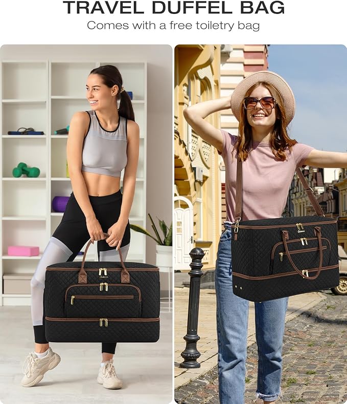 Travel Duffle Bag, Wide Open Large Weekender Bag for Women with Shoe Compartment, Carry on Overnight Bags with Toiletry Bag, Hospital Bag for Women Labor Delivery with Wet Pocket (Black Brown)