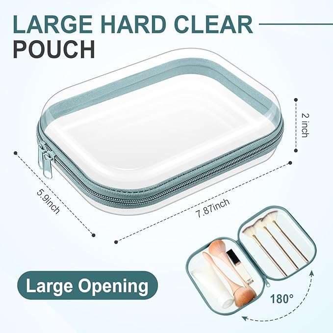 Sanwuta 6 Pcs Clear Hard Zipper Case Plastic Zipper Pouches Transparent Makeup Bag Pencil Case Pouches Toiletry Diaper Bag for Travel Toy Storage Organizer Bins(Blue-green,7.87 x 5.9 x 2 Inch)