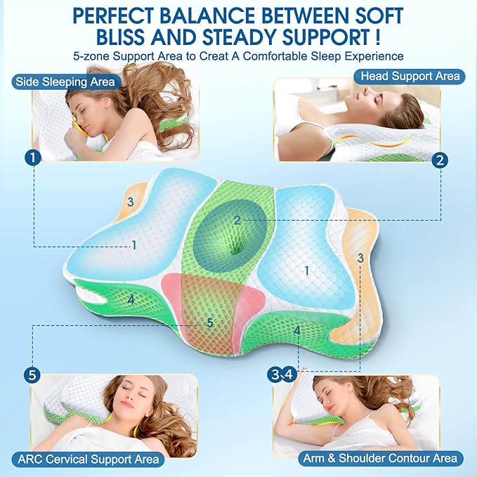 Memory Foam Pillows, Cervical Pillow for Neck and Shoulder Pain Relief, Ergonomic Contour Bed Pillow, Soft for Side Sleep Stomach Sleeping and Back Sleeper-Queen Size&Green
