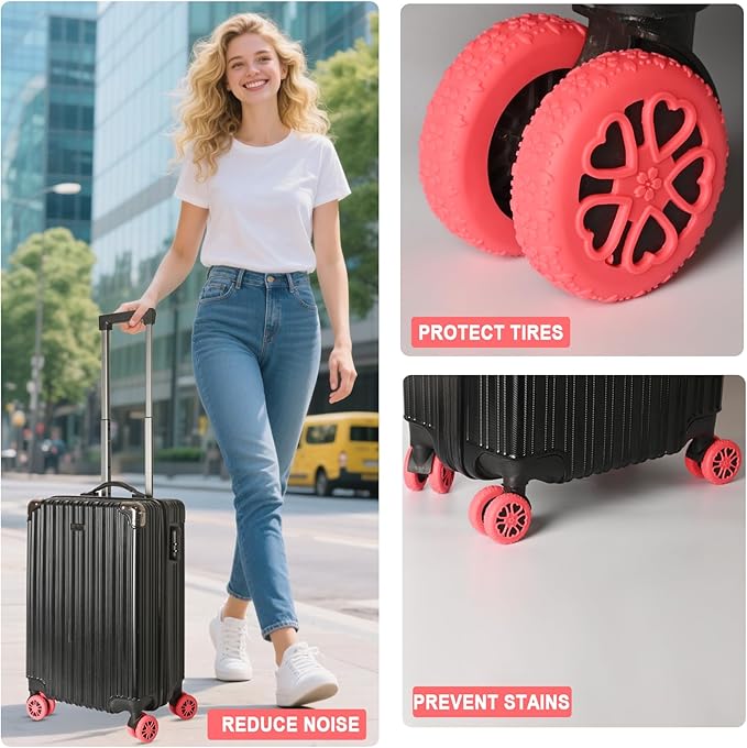 Luggage Wheel Protector, 8PCS Sakura Love Design - Premium Silicone Protectors for 2-2.4" Spinner Wheels Anti-Slip, Ultra-Quiet & Wear-Resistant Travel Accessories (Red)