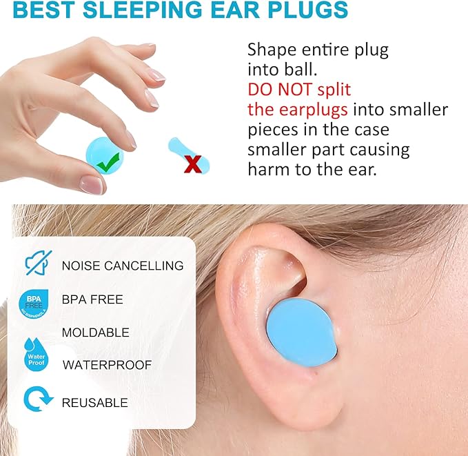 Reusable Silicone Ear Plugs, Waterproof Noise Cancelling EarPlugs for Sleeping, Mowing, Swimming, Airplanes, Concerts