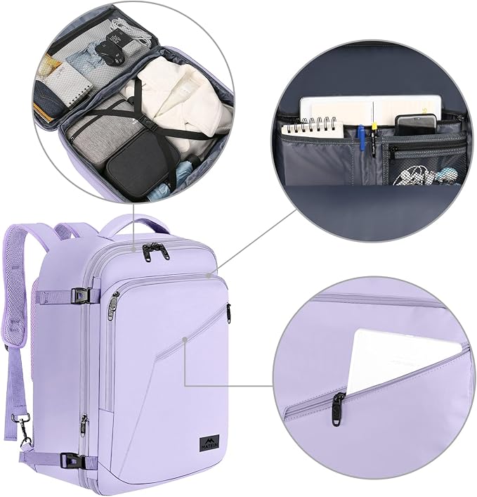 MATEIN Purple Backpack, Extra Large Travel Backpack for Women, Expandable Suitcase for Hiking Camping Gym, Water Resistant Carryon Daypack for Travelling, Cute Gifts, Light Purple
