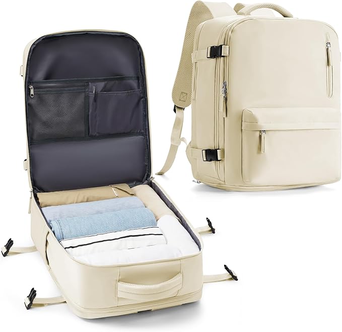 VECAVE Travel Backpack for Women, Airline Flight Approved Carry On Backpacks Waterproof 14 Inch Laptop Backpack with Shoe Compartment Casual Daypack Beige