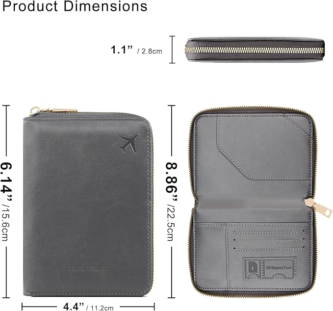 defway Passport Holder Travel Wallet - RFID Blocking Passport Holder Wallet, Full Zip Travel Card Cover with RFID Protection, Multi Slot Organizer for Cards Cash Documents Travel Essentials (Grey)