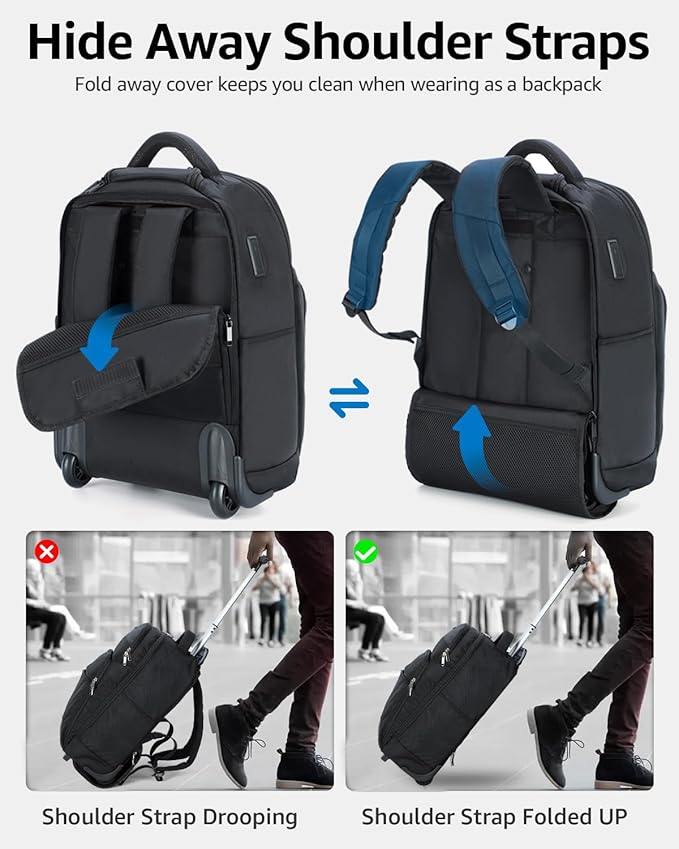 Ponhog Rolling Backpack, 30L Travel Laptop Backpack with Wheels, 15.6 Inch Roller Carry on Luggage with USB Charging Port, Flight Approved Personal Item Wheeled Suitcase for Men Women Adults, Black