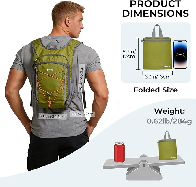 13L Small Hiking Backpack for Women Men, Lightweight Foldable Day pack, Packable Daypack for Travel, Camping (Green)