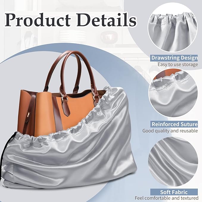 Ersmak 6 Pack Dust Bags for Handbags - Grey Silk Dust Cover Bag for Purses Shoes - Satin Drawstring Dustproof Bags for Travel Storage - 19.7 x 15.7 In