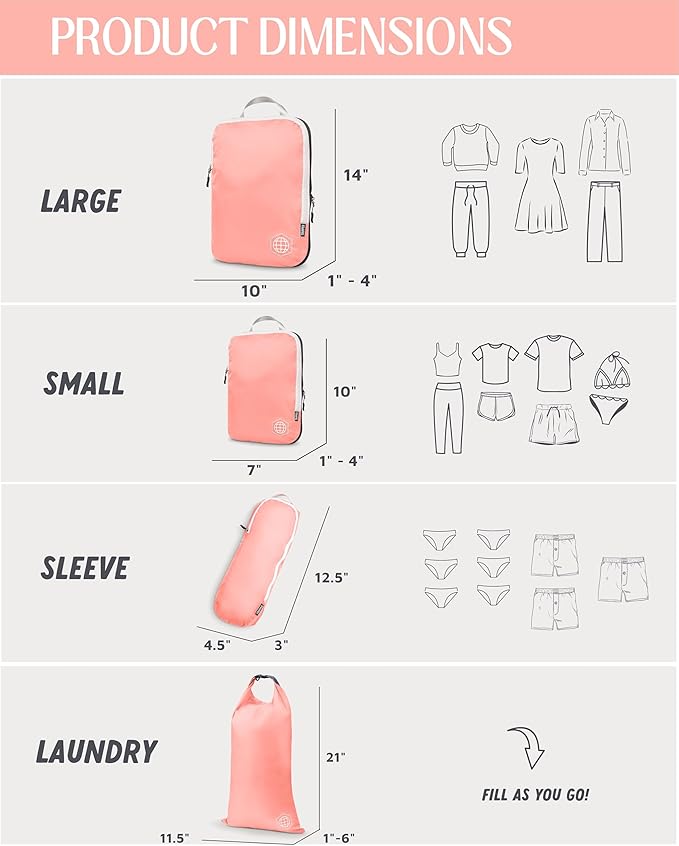 Compression Packing Cubes 6 Piece Set for Carryon Suitcases- Lightweight, Durable Clothes Organizer (Coral Rose)