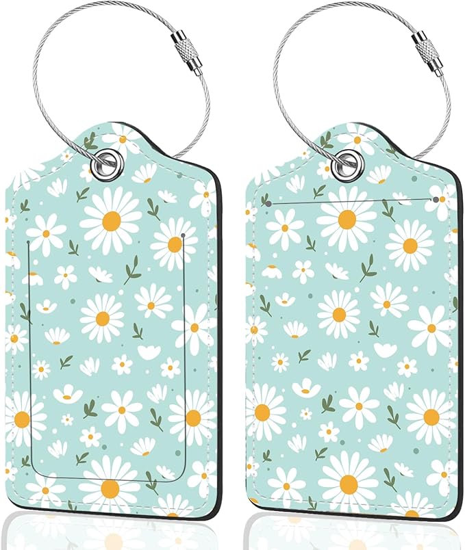 2Pack Luggage Tags for Suitcases, Cute Unique Pu Leather Cruise Luggage Tag with Privacy Cover ID Label Address Card and Metal Ring Suitable for Women Men Kids Travel Bag Little White Daisies