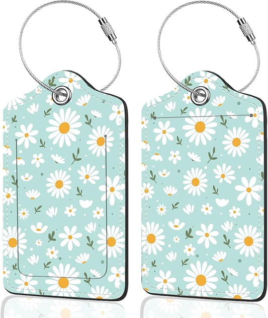 2Pack Luggage Tags for Suitcases, Cute Unique Pu Leather Cruise Luggage Tag with Privacy Cover ID Label Address Card and Metal Ring Suitable for Women Men Kids Travel Bag Little White Daisies
