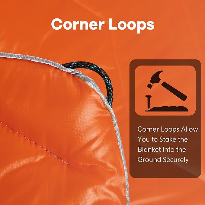 UNIKOME Waterproof Puffy Camping Blanket - Lightweight Packable Outdoor Quilt with Corner Loops, Warm Compact Blanket for Cold Weather Hiking Picnic Stadium Travel, 75"×52", Orange
