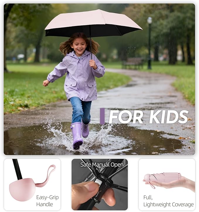 Travel Mini Umbrella Compact Small & Lightweight, UV Rain Protection, Pocket-Sized Folding Umbrellas with Quickdraw & Case for Men Women & Kids Backpack
