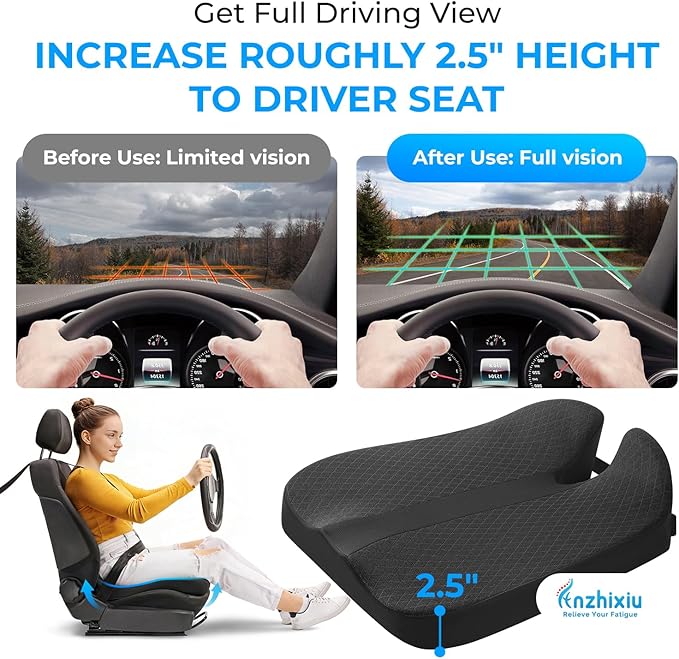 Heightening Car Seat Cushion for Better View- Seat Cushion for Car Reduces Lower Back Pressure& Support Spine- Truck Seat Cushion for Long Trip-Black