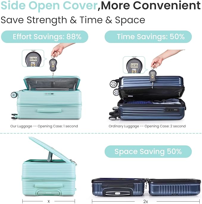 3 Piece Luggage Set 100% PC Hardshell, Front Opening Expandable Suitcase (20/24/28) with Laptop Compartment & Free Custom PVC Covers, Trunk Style Lightweight Spinner Wheels TSA Lock