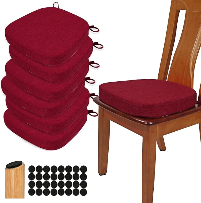 BUYUE Thickened 2.5" Dining Chair Cushions Set of 6, U-Shape High Density Foam Comfortable Chair Pads for Kitchen, Slip Resistant Indoor Seat Cushions (6 PCS, Red)