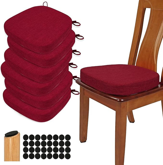 BUYUE Thickened 2.5" Dining Chair Cushions Set of 6, U-Shape High Density Foam Comfortable Chair Pads for Kitchen, Slip Resistant Indoor Seat Cushions (6 PCS, Red)