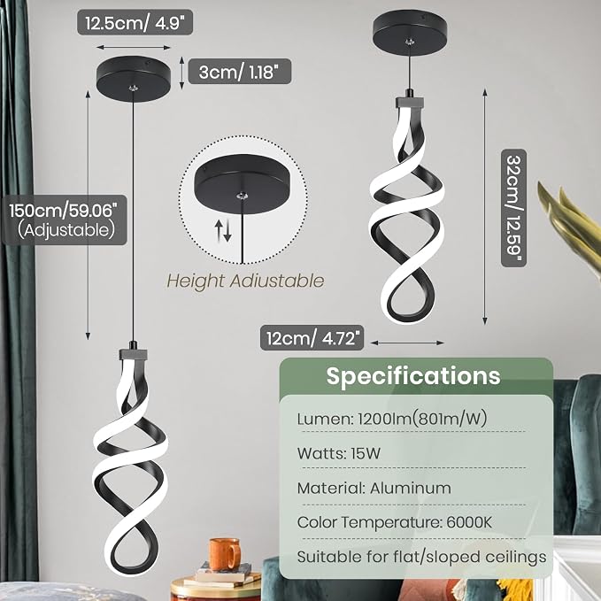 Modern Led Pendant Light Fixture, 15W Black Spiral Led Chandelier Hanging Lamp, 4500K Daylight White Pendant Lamp, Adjustable Height Pendant Light for Dining Room Bedroom Kitchen Island Cafe(2 Pack)