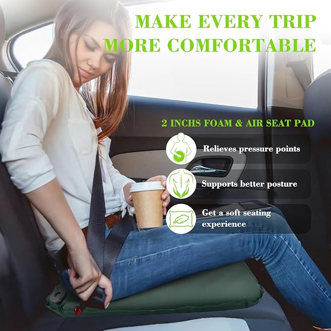 Inflatable Seat Cushion, Self-Inflating Memory Foam Stadium Seats Cushion Lightweight & Compact Chair Sitting Pad Airplane Cushion for Long Flight Travel Outdoor Camping Car Bleachers Office