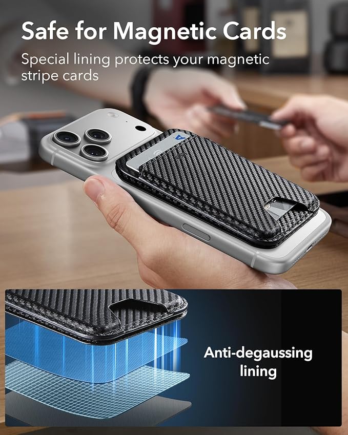 ESR for MagSafe Wallet Stand, RFID Blocking, MagSafe Ring Included, 5 Card Holder for Phone, Magnetic Wallet for iPhone 17e/17/16/15/14/13/12 Series (Not for Mini), Selected Samsung,Black Carbon Fiber