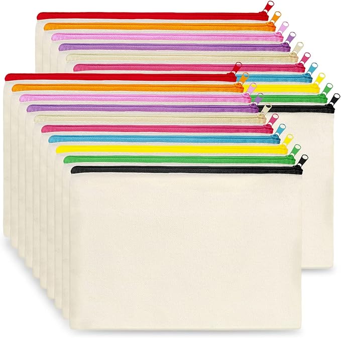 Koolmox Makeup Bags Bulk 20 Pcs, Beige Canvas Pouch with Zipper of 10 Colors, Blank Cotton Bags to Embroidery, Tie Dye, Decorate for Christmas Gifts, Travel Bags, Marker Pen Pencil Case, Purses