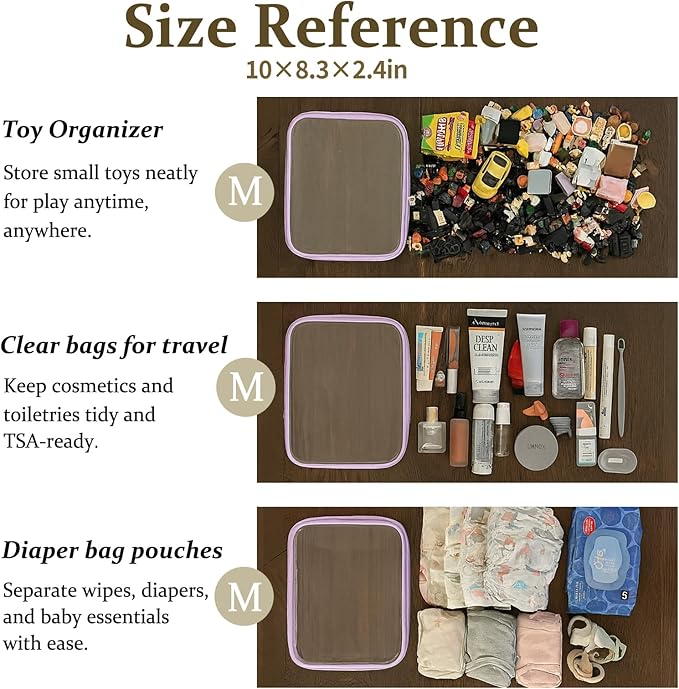 4 pcs Clear Zipper Pouches,Hard Shell Zipper Case, Toiletry Bag for Travel, CLear Diaper Bag, Toiletry Pouch, Travel Organizer, Cosmetic Bag,Toy Storage Bins (M+3S) (Lavender)