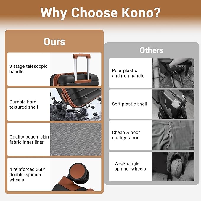 Kono Expandable 28 Inch Luggage with Spinner Wheels, Large Checked Luggage with Lock, Lightweight & Anti-Scratch PC+ABS Hardshell Travel Suitcase, Black/Brown