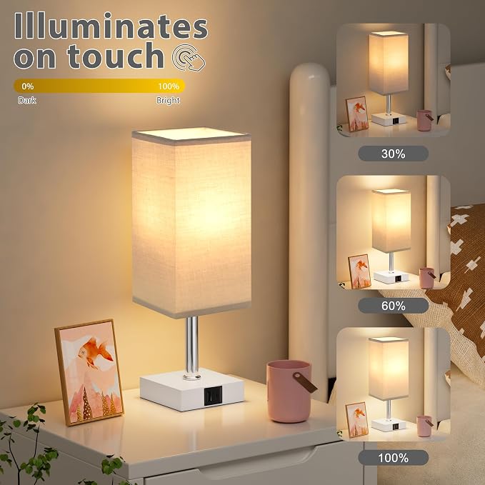 Touch Table Lamp for Bedroom - Dimmable, USB C+A, Grey Lamphade White Base | 3-Way Dimmable, 3000K LED Bulb Included, Square Lampshade, Cute Room Decor for Teen Girls, Kids, Small Lamp for Dorm, Nursery