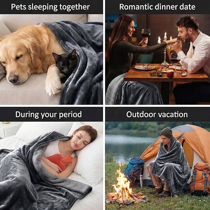 King Size Waterproof Blanket for Bed Couch, Gray 82'' x 82'' Double Side Leakproof Reversible Sherpa Flannel Fleece 3-Layer Lightweight Blanket, Absorbs 80oz, Machine Washable