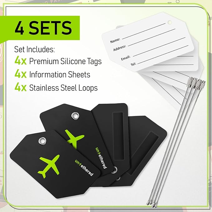 Untethered 4-Pack Luggage Tag Set | Durable Luggage Tags for Suitcases & Travel Bags | Bag Tag & Name ID Identifiers | Suitcase Tags for Easy Luggage Identification