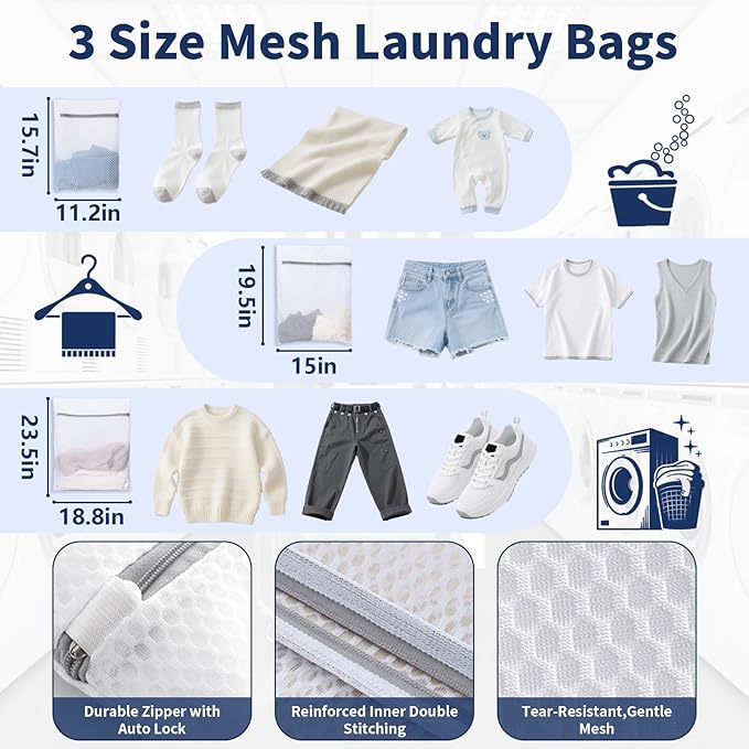 150L Laundry Bag Backpack with 3 Sizes Mesh Wash Bags and Shoulder Straps Foldable Clothes Hamper Bag with Drawstring Closure for College, Apartment, Laundromat (Navy)