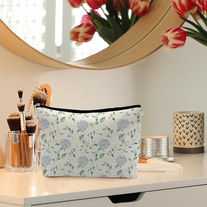 Blue Hydrangea Floral Makeup Bag - Aesthetic Toiletry Pouch for Women, Hydrangea Gifts