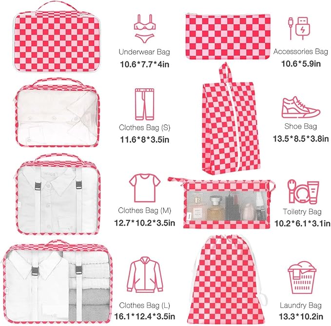8 Set Packing Cubes for Suitcases,Packing Cube with Shoe,Cosmetics,Clothing, and Accessories Bags Packing Cubes for Travel Luggage Organizer Women Men(Rose Checkered)