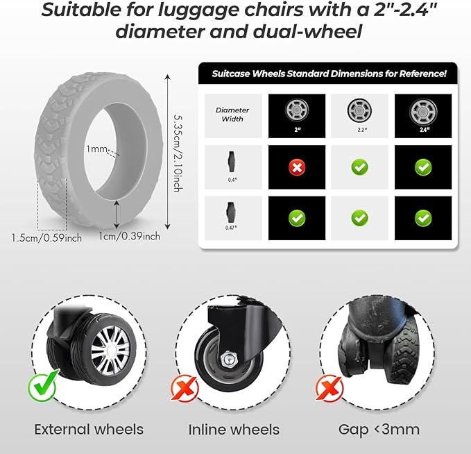 8 Pack Luggage Wheel Covers for Dual Spinner Wheels, Silicone Suitcase Wheel Protectors for 2.0"-2.4" Wheels, Noise Reducing & Anti-Scratch Tire Sleeves, Travel Accessories for Checked & Carry On